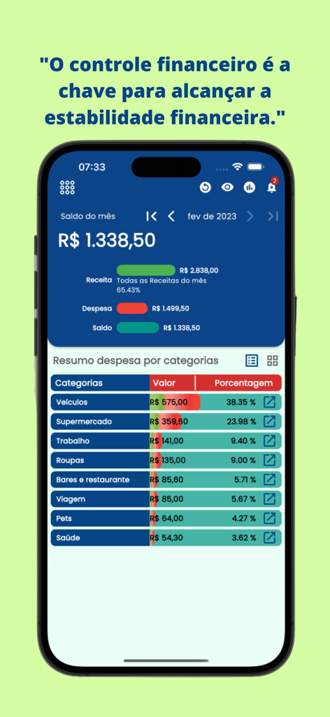 Finanzkontrolle-App-Dashboard mit monatlichem Saldo und Ausgabenübersicht nach Kategorien.