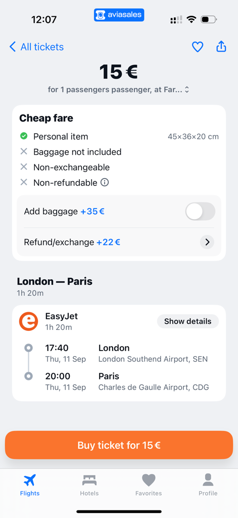 Aviasales — Book cheap flights - Aviasales 모바일 앱, 이지젯을 이용한 런던-파리 15유로 항공권 표시
