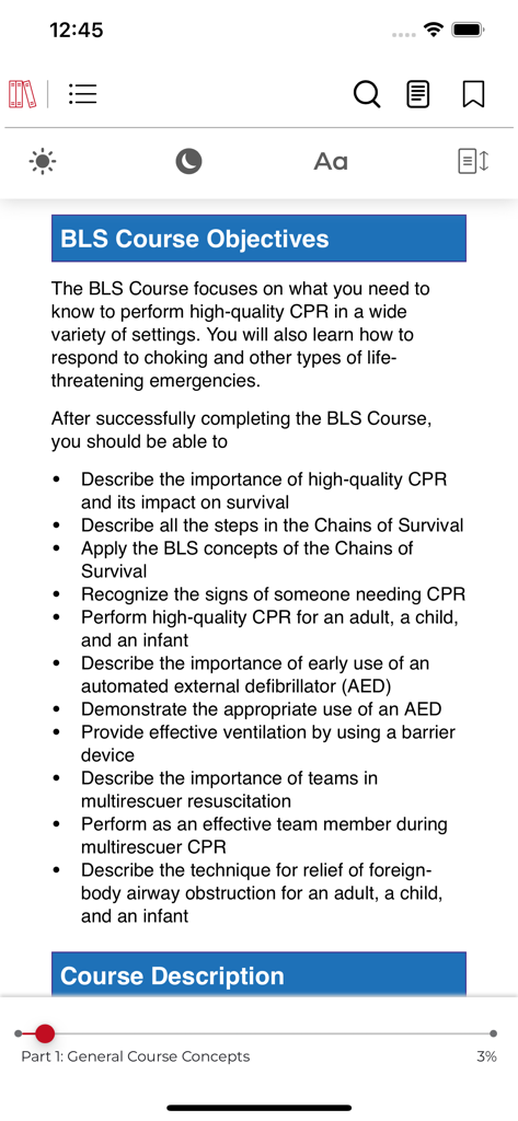 AHA eBook Reader showing BLS course objectives and learning outcomes for CPR training