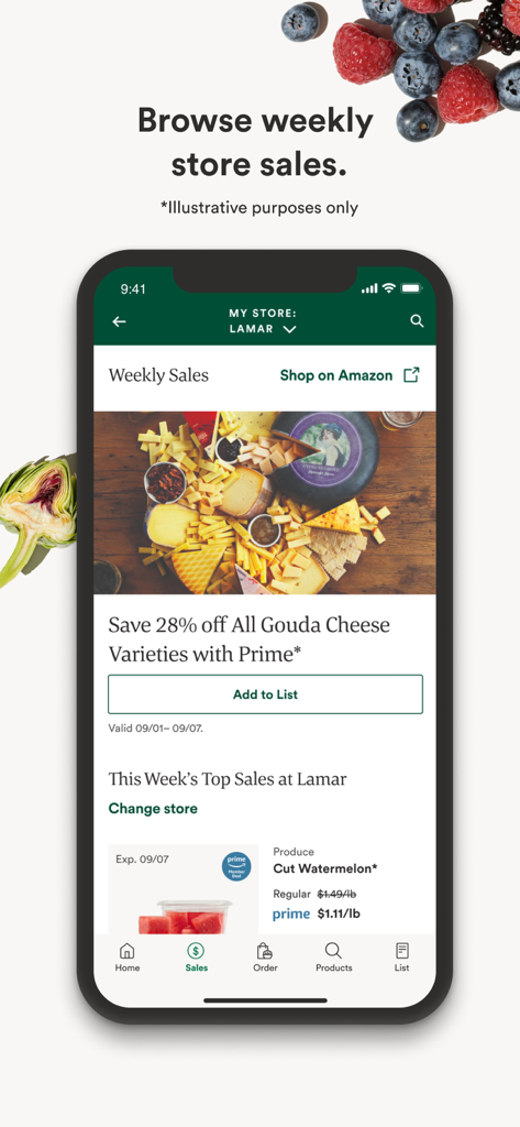 Whole Foods Market app interface displaying weekly sales and Prime member discounts for groceries
