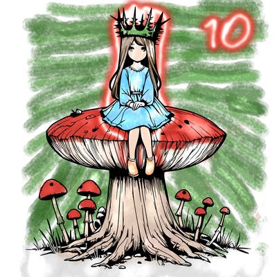 realistic girl sitting on a huge tree stump size toadstool with thorn crown