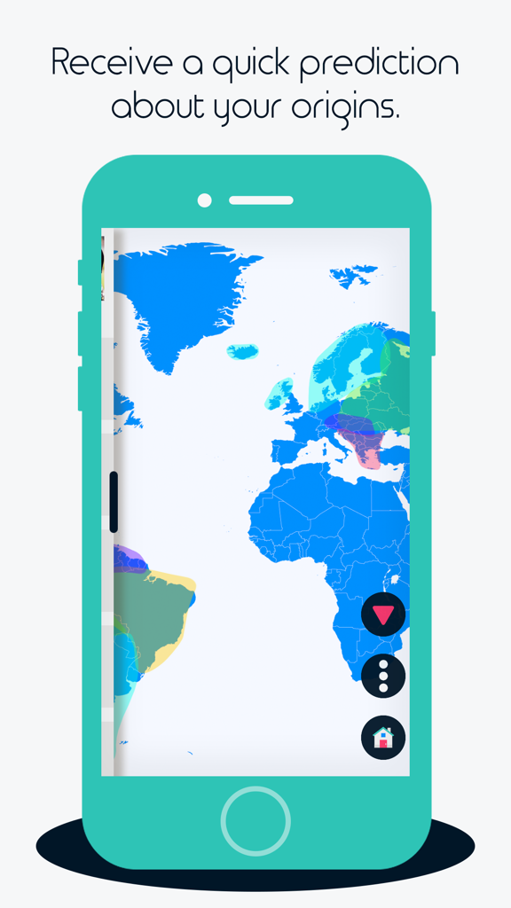 My Ancestry Profile & Heritage - Un smartphone que muestra un mapa mundial con regiones de herencia resaltadas para la predicción de ascendencia.