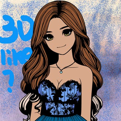 realistic girl with long hair and pretty prom dress