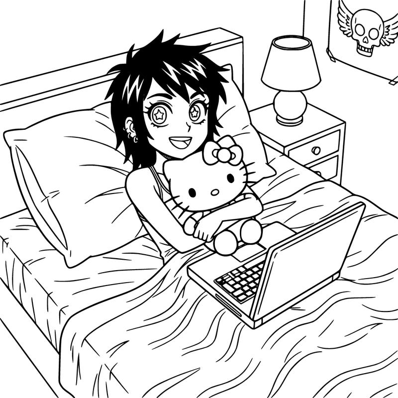 emo girl with hello kitty plushie laying in bed with computer
