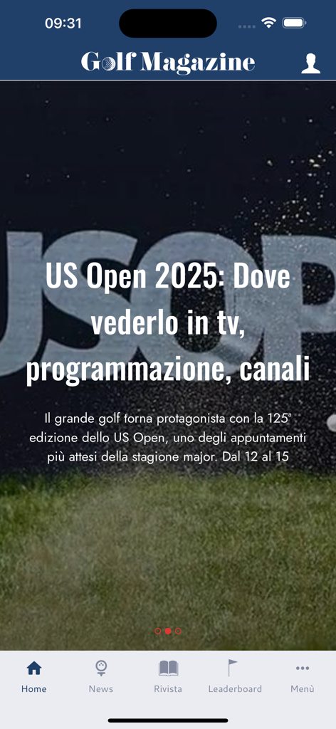 Golf-Magazine - Schermata principale dell'app Golf Magazine con notizie sulla copertura del US Open 2025.