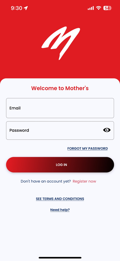 Mothers Rewards - Mothers Rewards app login screen with email and password fields and a red brand logo