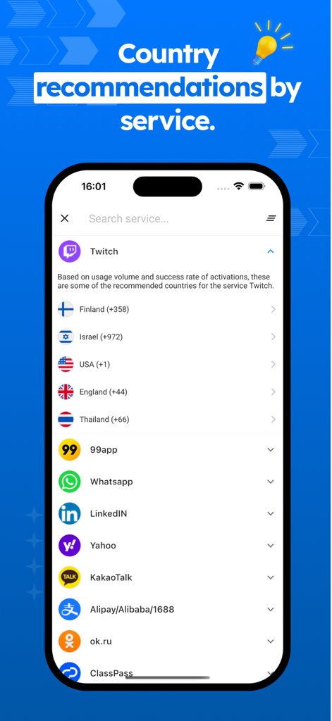 Receber SMS - Temp numbers OTP - Mobile app interface showing a list of services like Twitch and WhatsApp with recommended countries for receiving SMS verification codes.