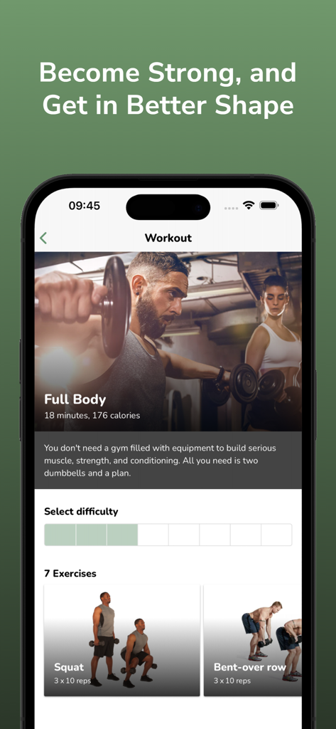 Dumbbell Workout Plan - Pantalla de rutina de entrenamiento de cuerpo completo con mancuernas con instrucciones de ejercicios de sentadilla y remo inclinado.