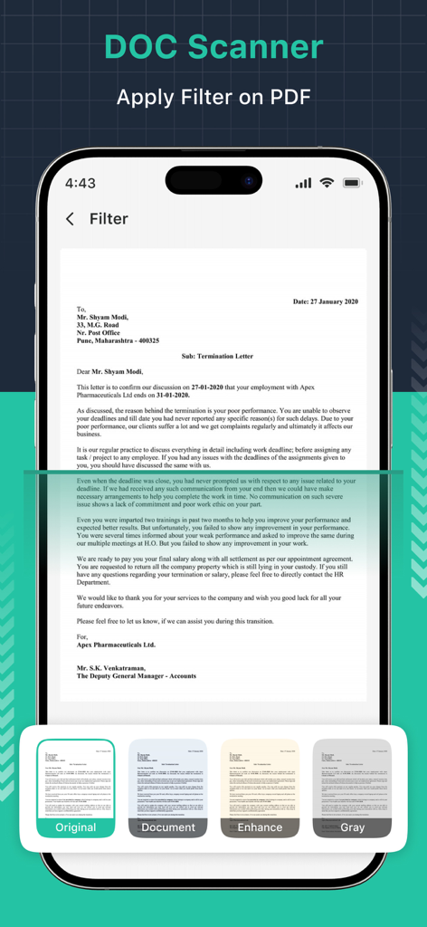 Doc Scanner : PDF Maker - Interfaz de la aplicación Doc Scanner que muestra varias opciones de filtro como 'Mejorar' y 'Gris' para un documento escaneado.