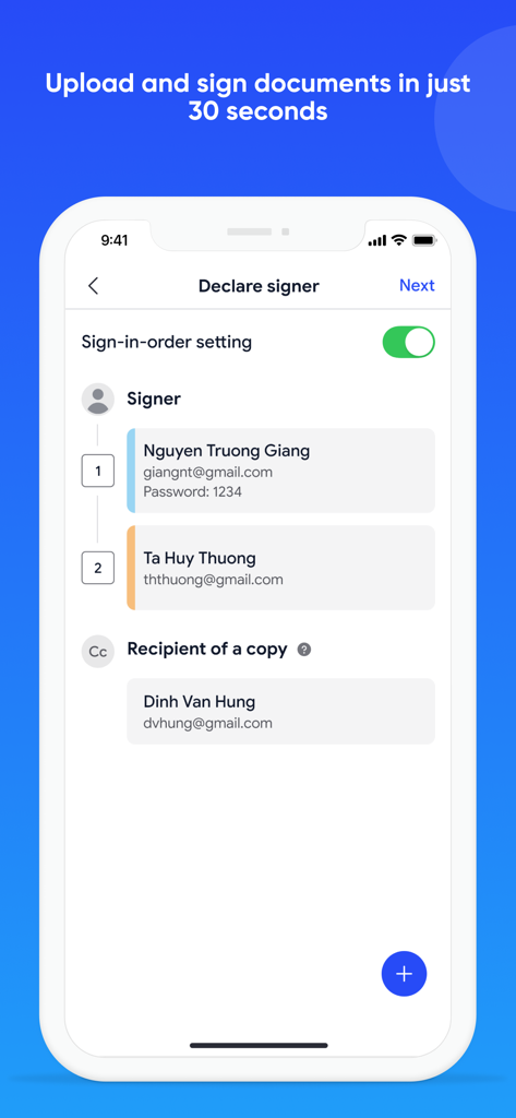 AMIS WeSign - AMIS WeSign mobile app screen for configuring document signers and signing order