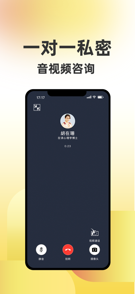 给力心理-十年在线心理咨询情感倾诉平台 - Interface of a private one-on-one video consultation with a professional psychologist in the Geli Psychology app.