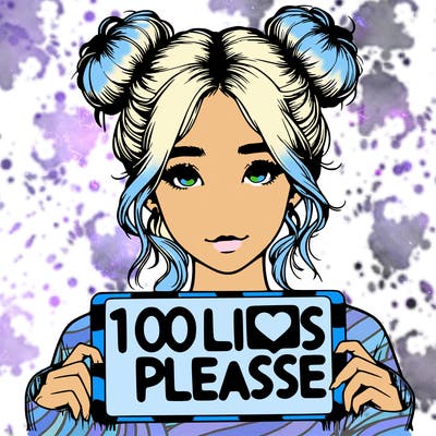 realistic girl with buns in her hair with a sign that says 100 likes please