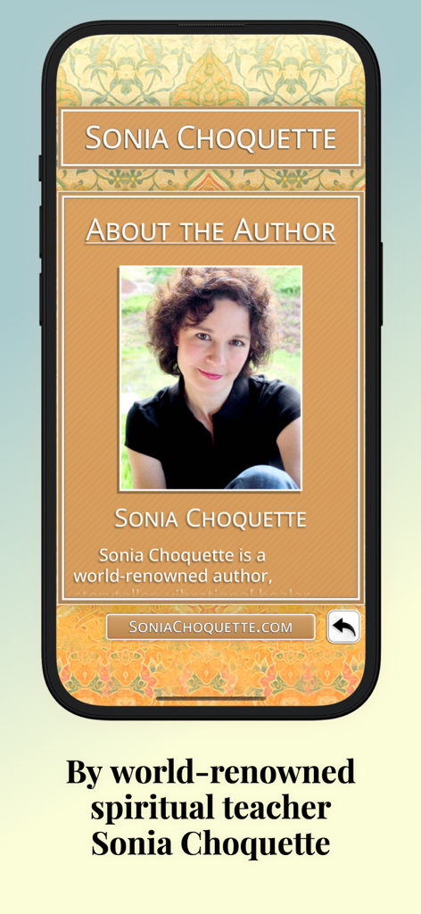 A mobile screen showing the About the Author page for Sonia Choquette in The Fool's Wisdom Oracle Cards app.