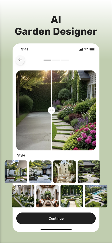 AI Home Designer - Interivo - Interface of the AI Garden Designer app showing a before and after yard renovation with selectable landscape styles.