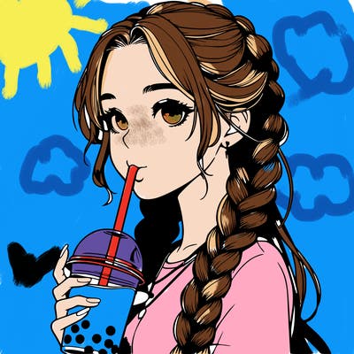 realistic girl with braided hair drinking boba