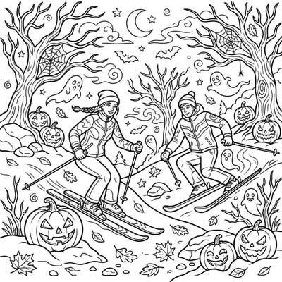 Hit the snowy (or spooky!) slopes with our unique Telemark Skiers Halloween coloring page. This delightful design blends the thrill of winter sports with festive ghouls and grinning pumpkins for a truly original coloring experience.