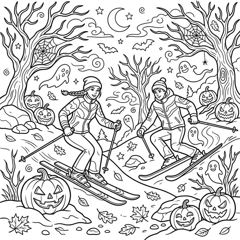 Hit the snowy (or spooky!) slopes with our unique Telemark Skiers Halloween coloring page. This delightful design blends the thrill of winter sports with festive ghouls and grinning pumpkins for a truly original coloring experience.