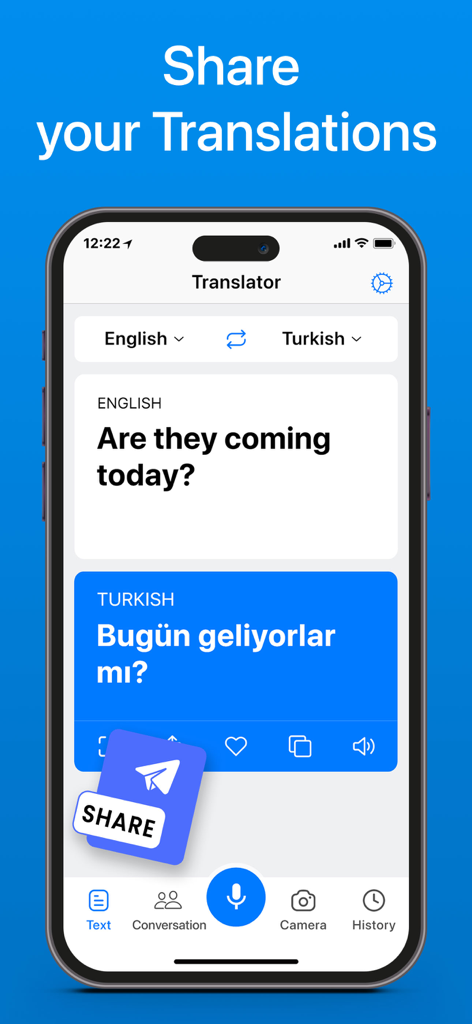 Interfaz de la aplicación móvil que muestra una traducción de texto del inglés al turco con un botón destacado para compartir los resultados.