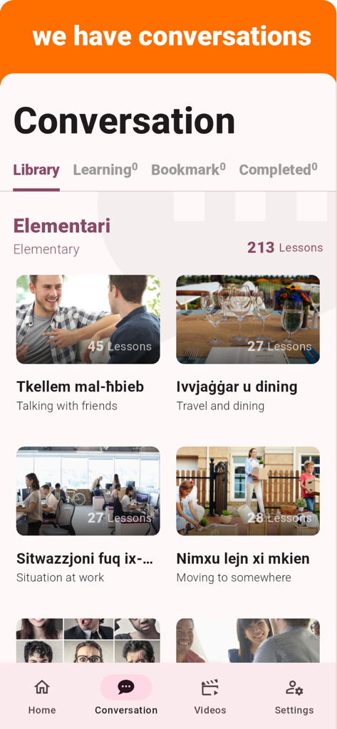 La pantalla de la biblioteca de conversaciones de la aplicación de aprendizaje de maltés que muestra varias categorías como hablar con amigos, viajes y situaciones de trabajo.