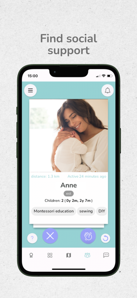 Willuwalk - Pantalla de la aplicación móvil Willuwalk que muestra el perfil de una madre con intereses y ubicación para encontrar apoyo social