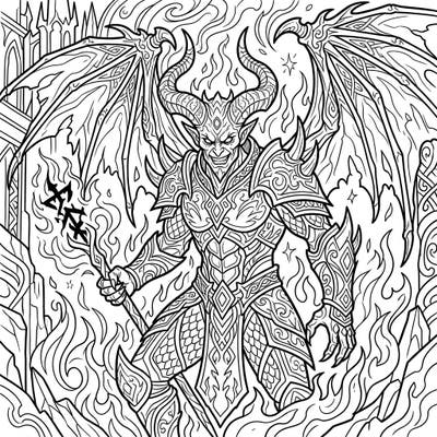 Journey into a realm of dark fantasy with this striking coloring page featuring a powerful, horned demon. Intricate details and a dynamic pose make this a thrilling challenge for any coloring enthusiast.