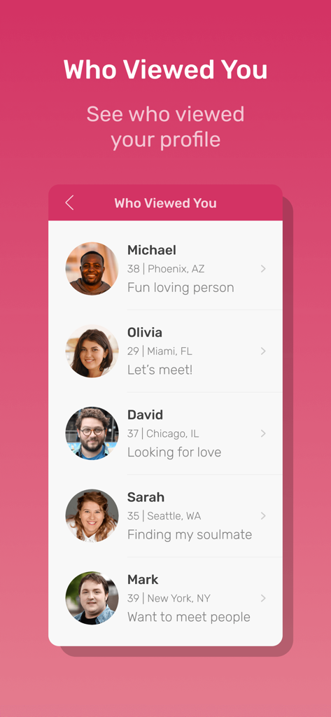 BBW Romance Dating - A screen showing a list of users who have viewed your profile on the BBW Romance Dating app.