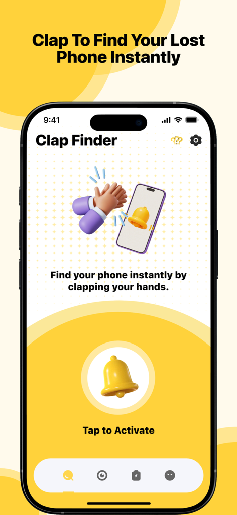 Screenshot of the AntiLost app interface for the Clap to Find phone feature with a yellow activation button.