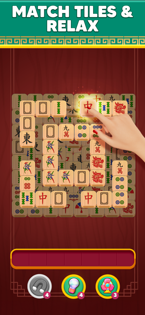 Una mano tocando una gran ficha 3D en un nivel de puzle relajante de Mahjong Infinity