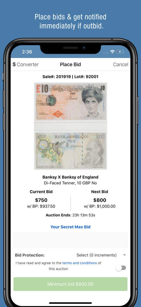 Heritage Auctions - Interfaz de puja en la aplicación Heritage Auctions para un artículo coleccionable de Banksy