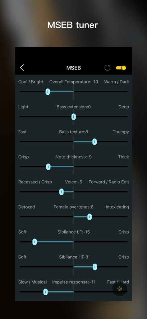 HiByMusic - Écran du tuner MSEB de HiByMusic montrant des curseurs pour la personnalisation audio incluant les réglages de température, de basses et de sibilance