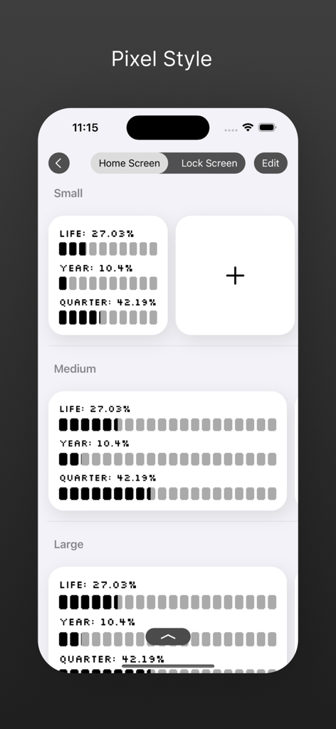 iOS widgets showing life year and quarter progress in a pixel art style