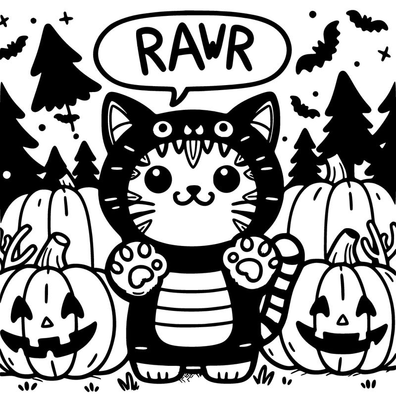 cat with a scary costume saying rawr with pumpkins in the backround with halloween trees scary