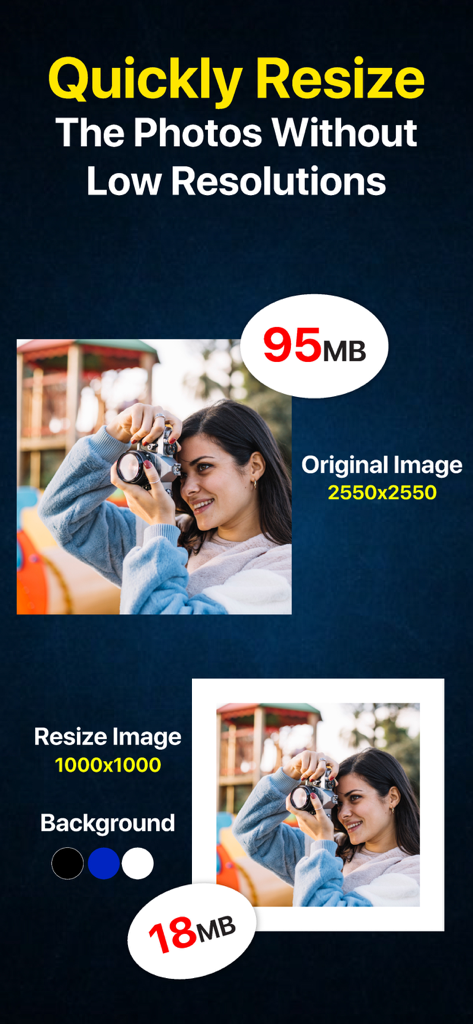 JPG PNG Image Photo Converter - App screen showing how to quickly resize a photo and reduce file size from 95MB to 18MB