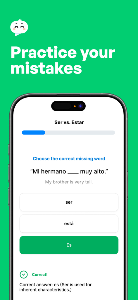 Langotalk-AI Language Learning - Langotalk app interface showing a Spanish grammar quiz to practice mistakes with AI feedback.