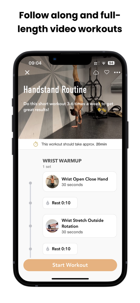 LeoMoves Mobile App mit einer Handstand-Routine mit Handgelenksaufwärmübungen und Videoanleitungen.