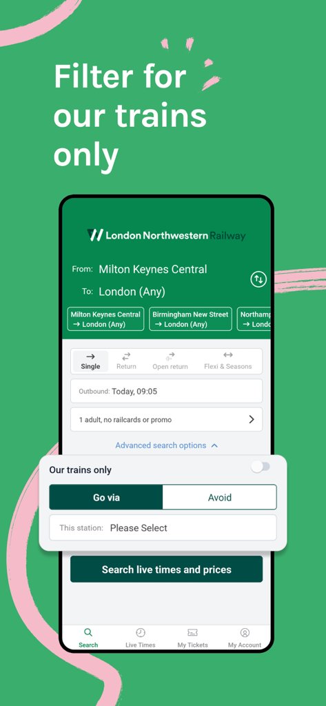 Zugsuchbildschirm der London Northwestern Railway App mit Filter für bestimmte Bahnbetreiber