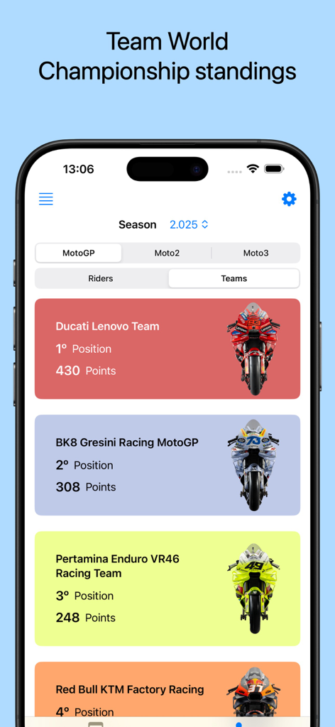 Moto Grid: GP Live Info - Moto Grid app screen showing 2025 team world championship standings for MotoGP with points and rankings
