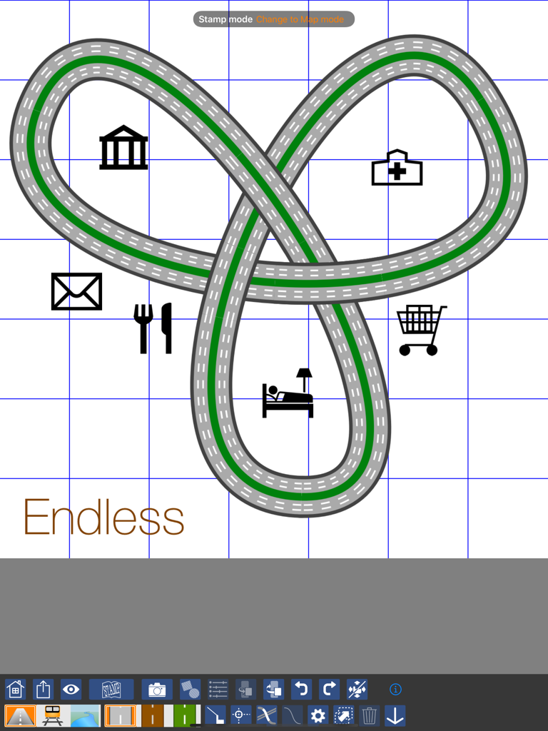 i Map Editor - Custom map design on i Map Editor for iPad showing a road loop with icons for a hospital bank and restaurant