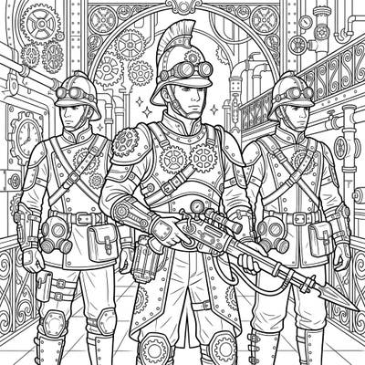 Discover a fascinating coloring page featuring three elite Steampunk Palace Guards in highly detailed, gear-laden uniforms. Immerse yourself in a world of industrial fantasy as you bring their intricate mechanical environment to vibrant life.