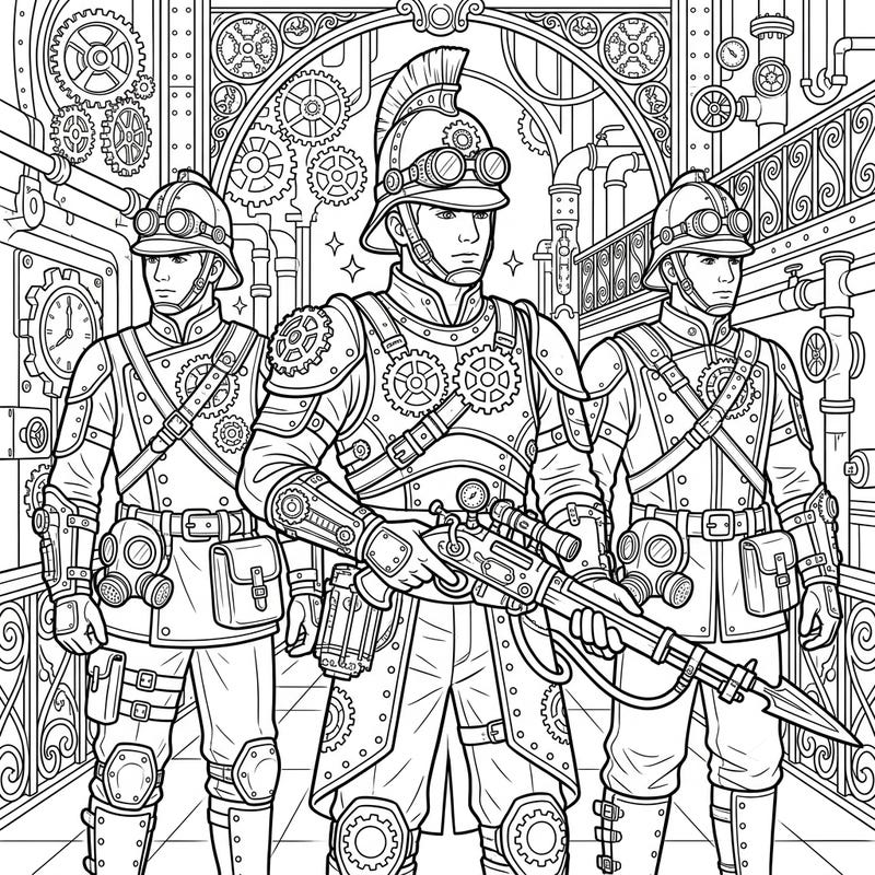 Discover a fascinating coloring page featuring three elite Steampunk Palace Guards in highly detailed, gear-laden uniforms. Immerse yourself in a world of industrial fantasy as you bring their intricate mechanical environment to vibrant life.