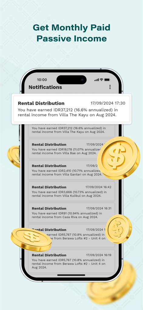 Smartphone screen showing GORO app notifications for monthly rental income distributions and passive income.
