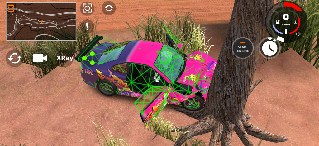 DriveCSX Car Crash Simulator - Car crashed into a tree with green wireframe showing soft body physics deformation