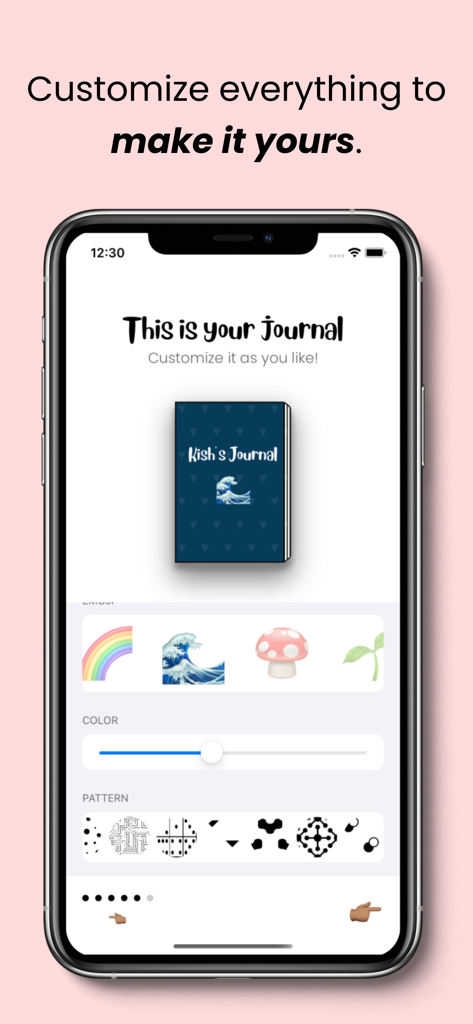 Customizing a digital notebook cover in the Poz Journal app with various emojis and patterns.