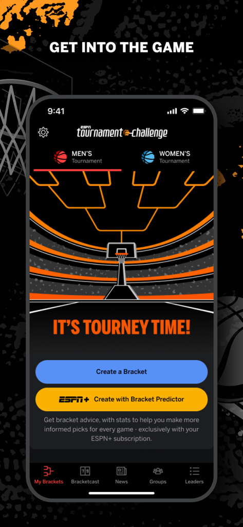 Pantalla de inicio de la aplicación ESPN Tournament Challenge con opciones para crear brackets de baloncesto.
