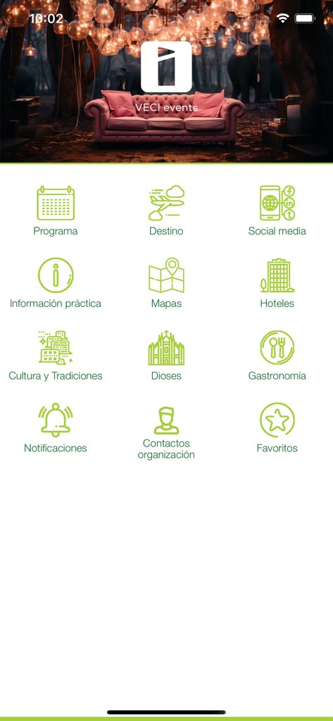 Tela do menu principal do aplicativo de eventos Viajes El Corte Inglés mostrando ícones para programa, mapas, hotéis e contatos do evento.