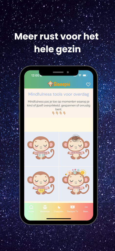 Slaaapie - slaaphulp voor kids - Slaaapie app screen displaying daytime mindfulness tools for children with cartoon monkeys for concentration and emotions