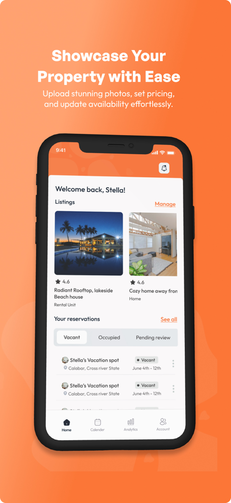 Traclet - A mobile interface for the Traclet app showing a host dashboard with property listings and reservation statuses.
