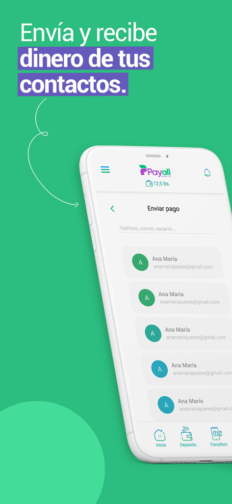 Payall - Interfaz de la aplicación móvil Payall que muestra la pantalla para enviar y recibir dinero de una lista de contactos.