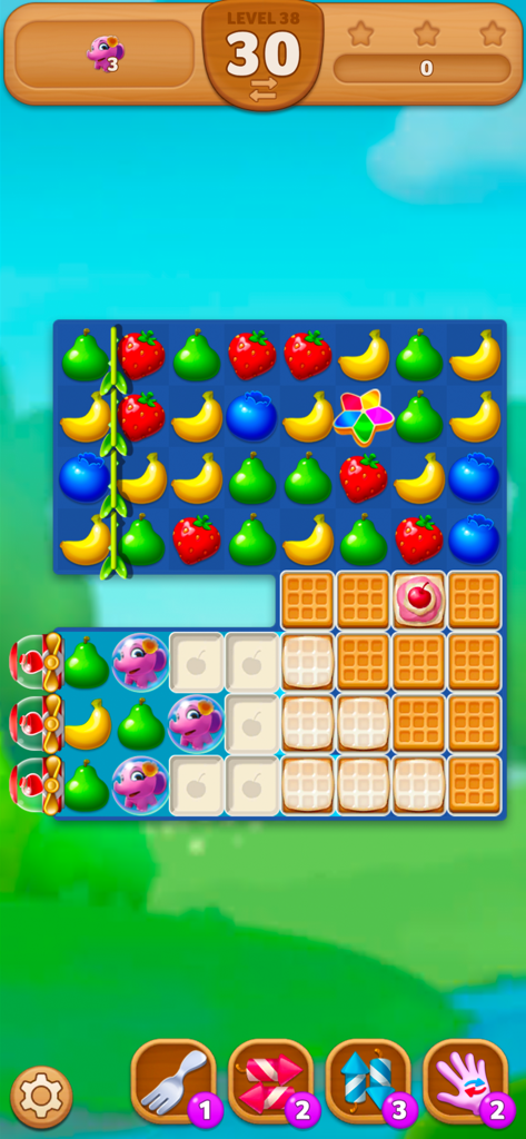 Fruits Mania:Belle's Adventure - Tablero de puzzle match-3 colorido de Fruits Mania La Aventura de Belle mostrando frutas y hadas