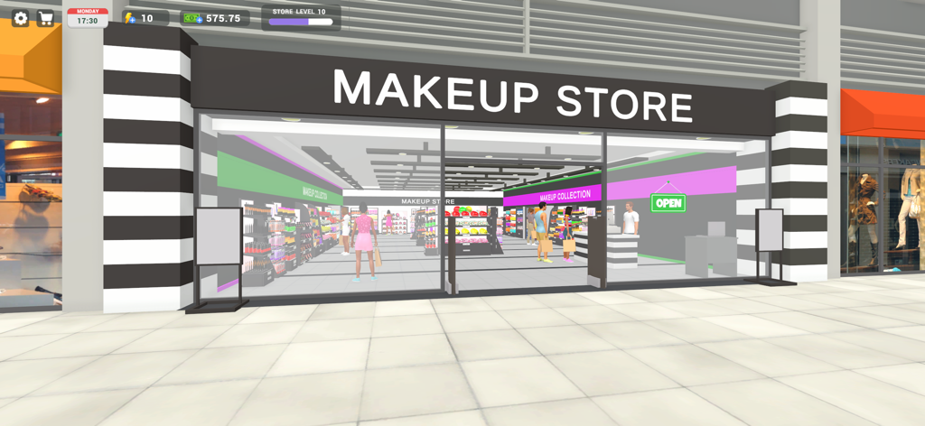 Makeup Store Simulator - Exterior view of the storefront in Makeup Store Simulator featuring customers and cosmetic shelves